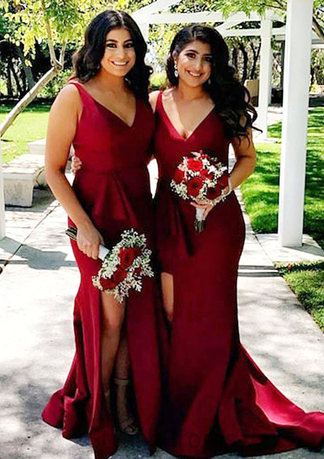 Sleeveless V Neck Court Train Sheath/Column Elastic Satin Bridesmaid Dresseses With Split Samara HQP0025567