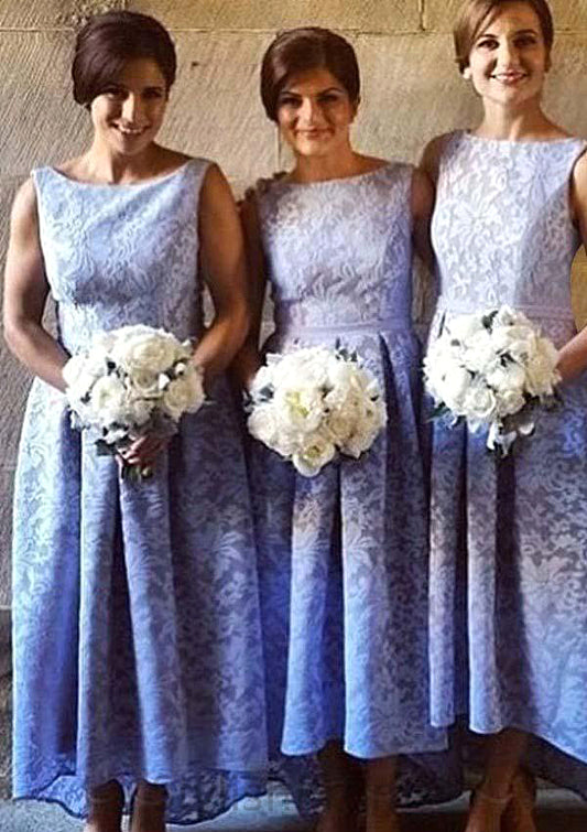 Bateau Sleeveless Asymmetrical A-line/Princess Lace Bridesmaid Dresseses With Pleated Yazmin HQP0025576