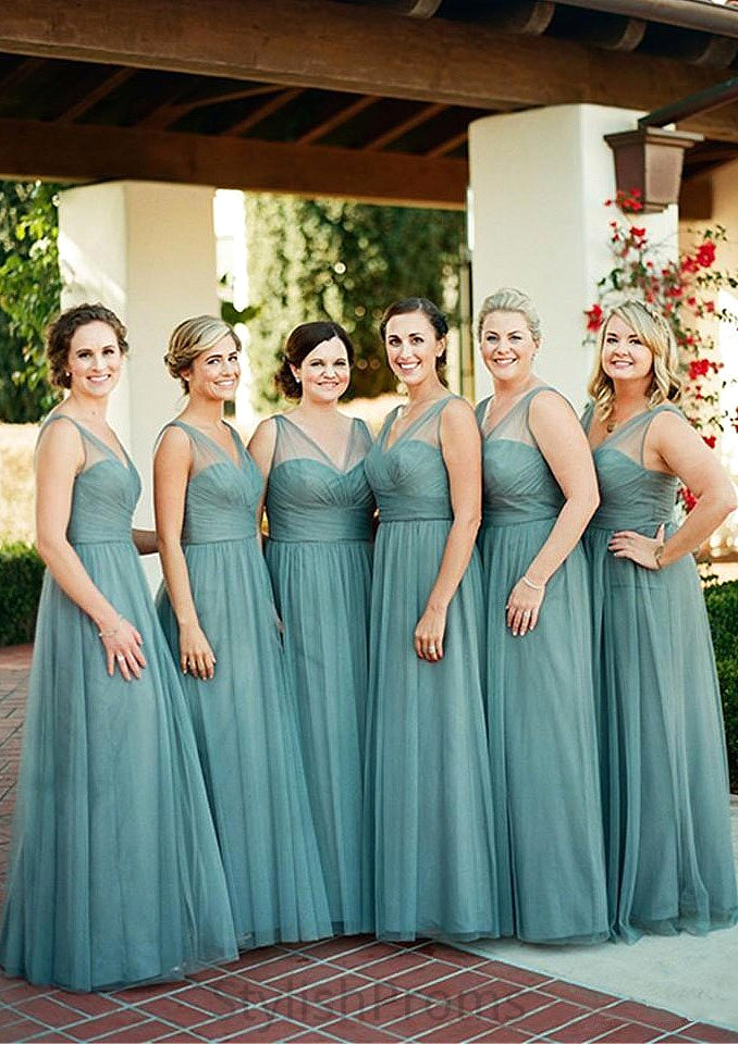 Sleeveless V Neck Tulle Long/Floor-Length A-line/Princess Bridesmaid Dresseses With Pleated Sienna HQP0025578