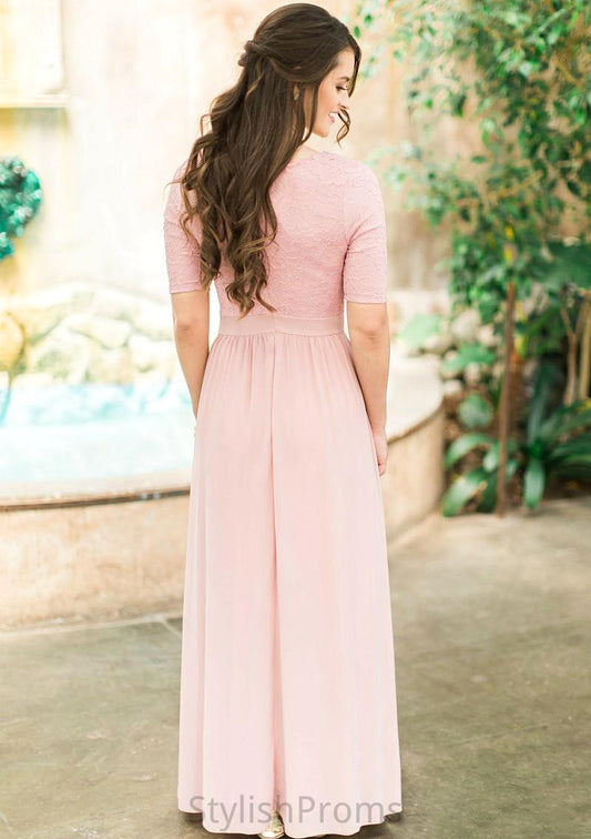 Scoop Neck Short Sleeve Ankle-Length A-line/Princess Chiffon Bridesmaid Dresses With Lace Pleated Nadine HQP0025580