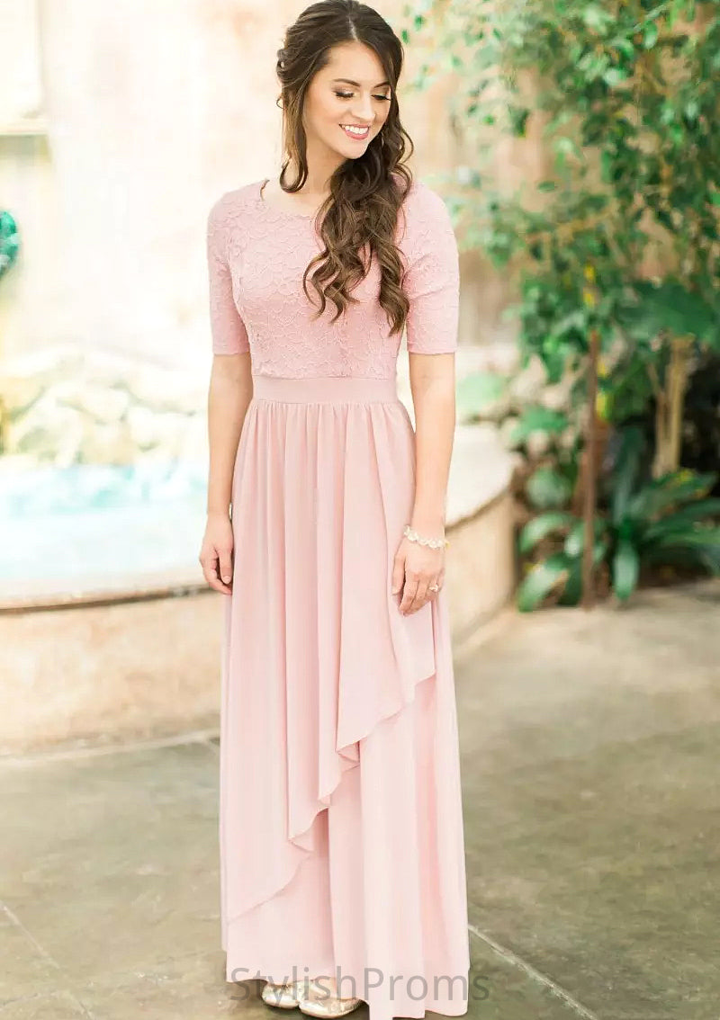 Scoop Neck Short Sleeve Ankle-Length A-line/Princess Chiffon Bridesmaid Dresses With Lace Pleated Nadine HQP0025580