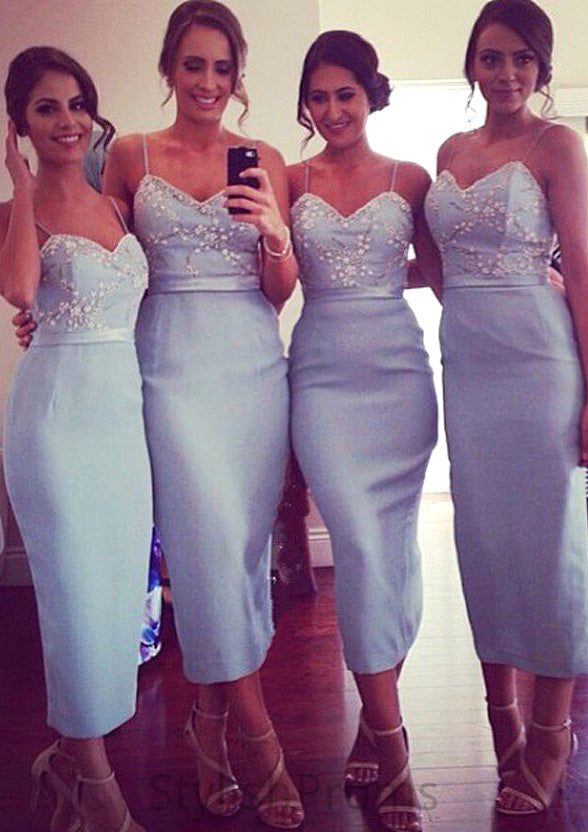 Sleeveless V Neck Tea-Length Sheath/Column Elastic Satin Bridesmaid Dresseses With Appliqued Skyla HQP0025581