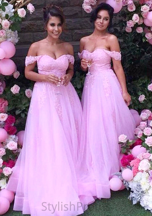 Sleeveless Off-the-Shoulder Long/Floor-Length Tulle A-line/Princess Bridesmaid Dresseses With Lace Stacy HQP0025589