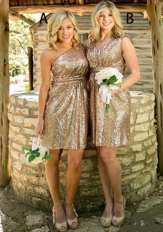 A-line/Princess One-Shoulder Short/Mini Sequined A-line/Princess Bridesmaid Dresseses Kailee HQP0025592