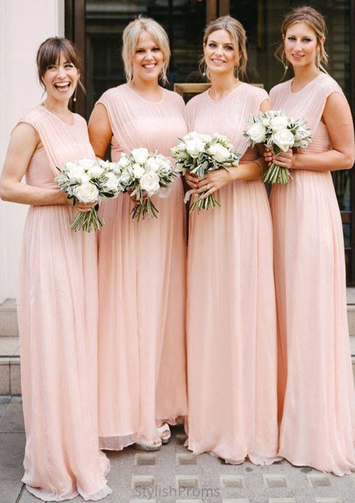 Sleeveless Scoop Neck Long/Floor-Length A-line/Princess Chiffon Bridesmaid Dresseses With Pleated Josie HQP0025595