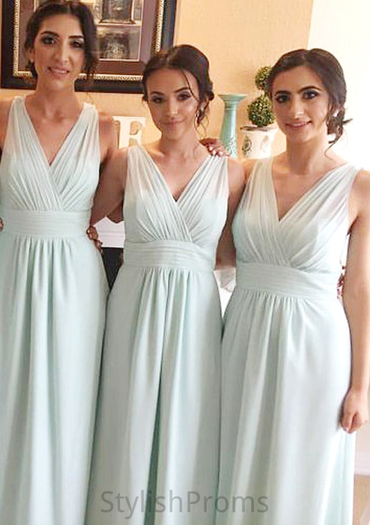 Sleeveless V Neck Long/Floor-Length Chiffon A-line/Princess Bridesmaid Dresseses With Pleated   Evangeline HQP0025597