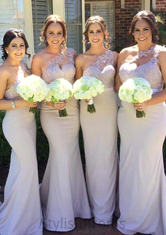 Sleeveless One-Shoulder Long/Floor-Length Trumpet/Mermaid Elastic Satin Bridesmaid Dresseses With Lace Emily HQP0025605