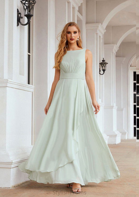 A-line Bateau Sleeveless Chiffon Long/Floor-Length Bridesmaid Dresses Ruffles Pleated Kate HQP0025608