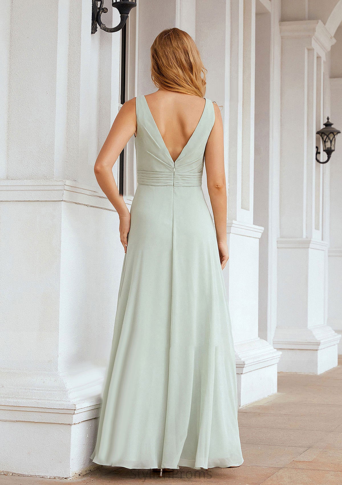 A-line Bateau Sleeveless Chiffon Long/Floor-Length Bridesmaid Dresses Ruffles Pleated Kate HQP0025608