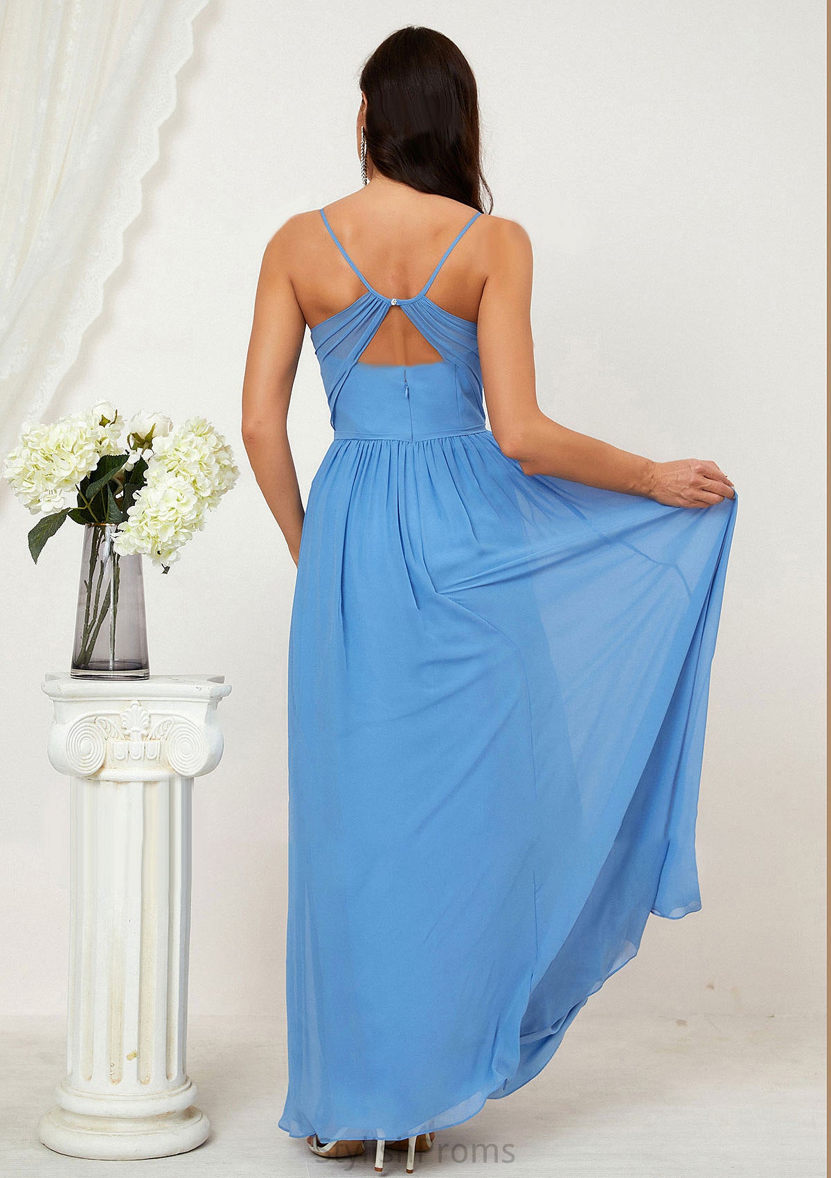 A-line V Neck Sleeveless Chiffon Long/Floor-Length Bridesmaid Dresses With Pleated Split Lexie HQP0025609