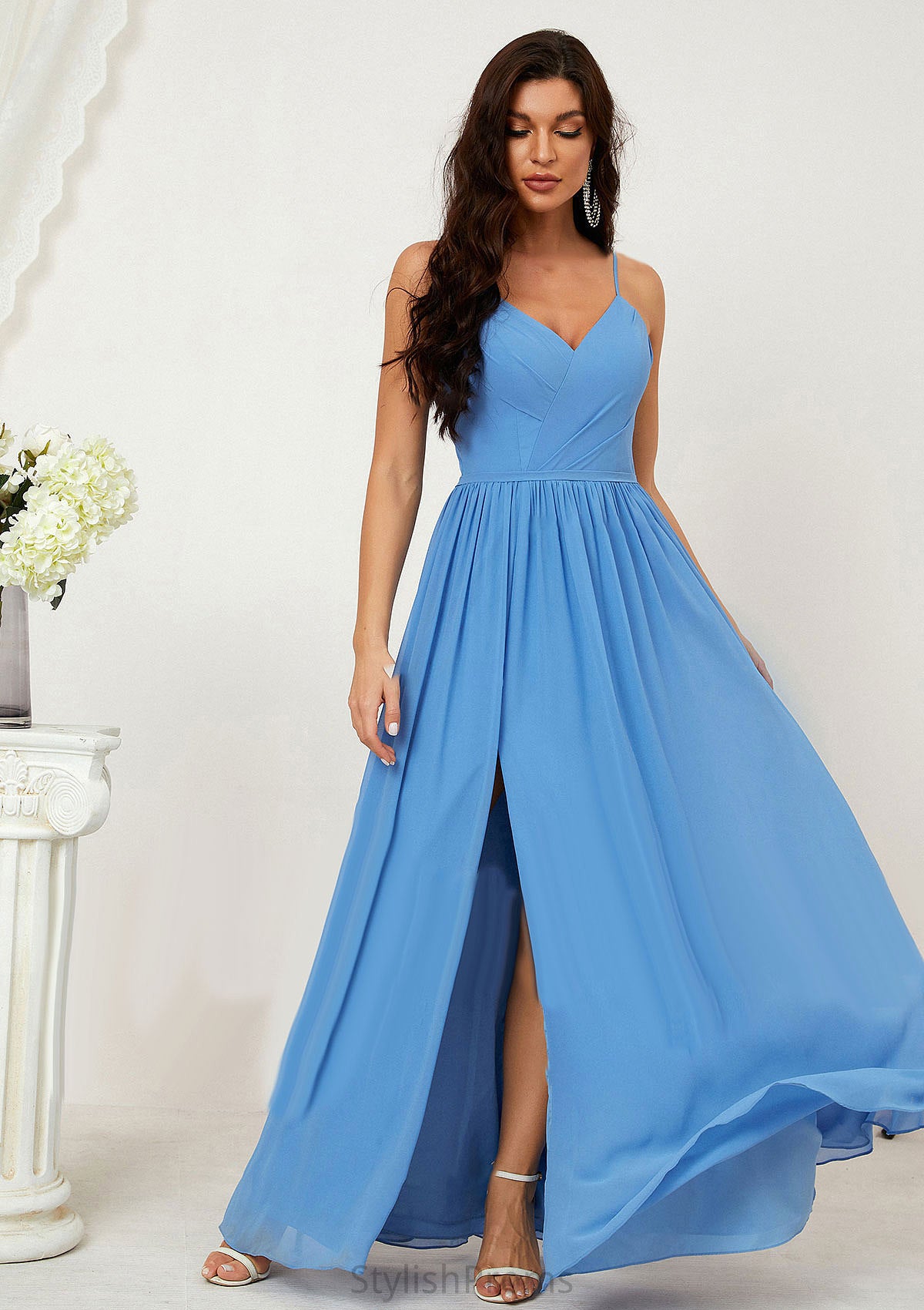 A-line V Neck Sleeveless Chiffon Long/Floor-Length Bridesmaid Dresses With Pleated Split Lexie HQP0025609