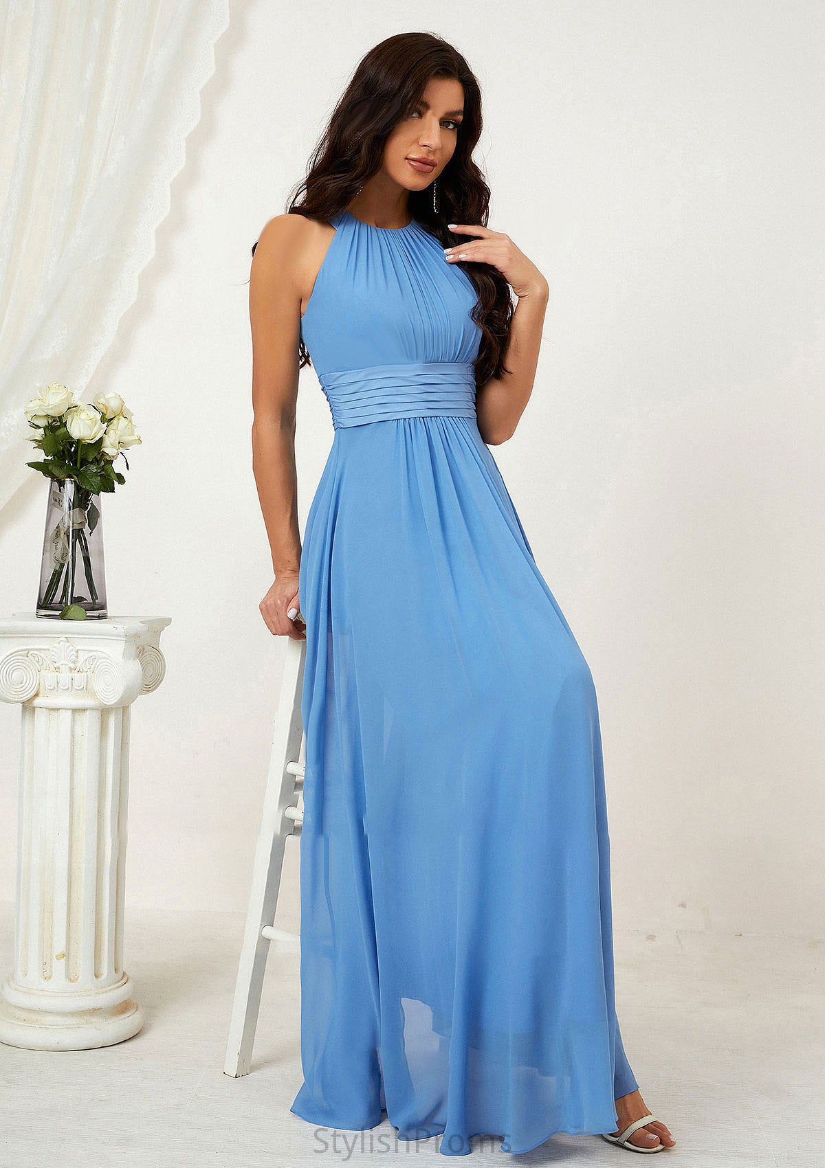 A-line Halter Sleeveless Chiffon Long/Floor-Length Bridesmaid Dresses With Pleated Taniyah HQP0025610