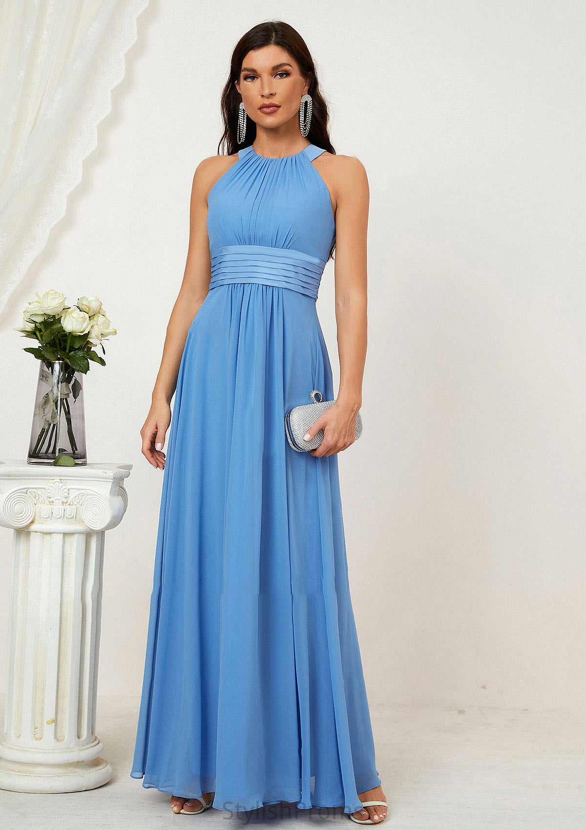 A-line Halter Sleeveless Chiffon Long/Floor-Length Bridesmaid Dresses With Pleated Taniyah HQP0025610