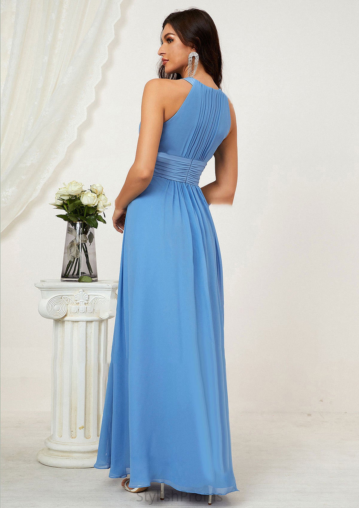 A-line Halter Sleeveless Chiffon Long/Floor-Length Bridesmaid Dresses With Pleated Taniyah HQP0025610