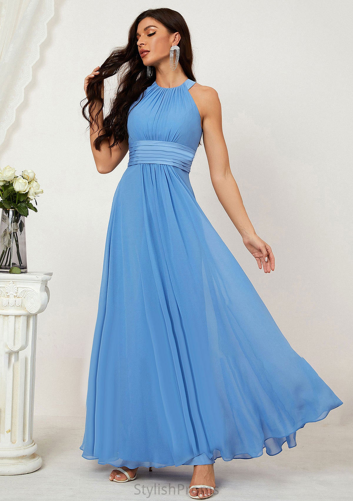 A-line Halter Sleeveless Chiffon Long/Floor-Length Bridesmaid Dresses With Pleated Taniyah HQP0025610