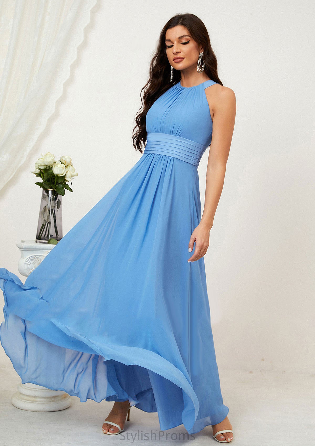 A-line Halter Sleeveless Chiffon Long/Floor-Length Bridesmaid Dresses With Pleated Taniyah HQP0025610