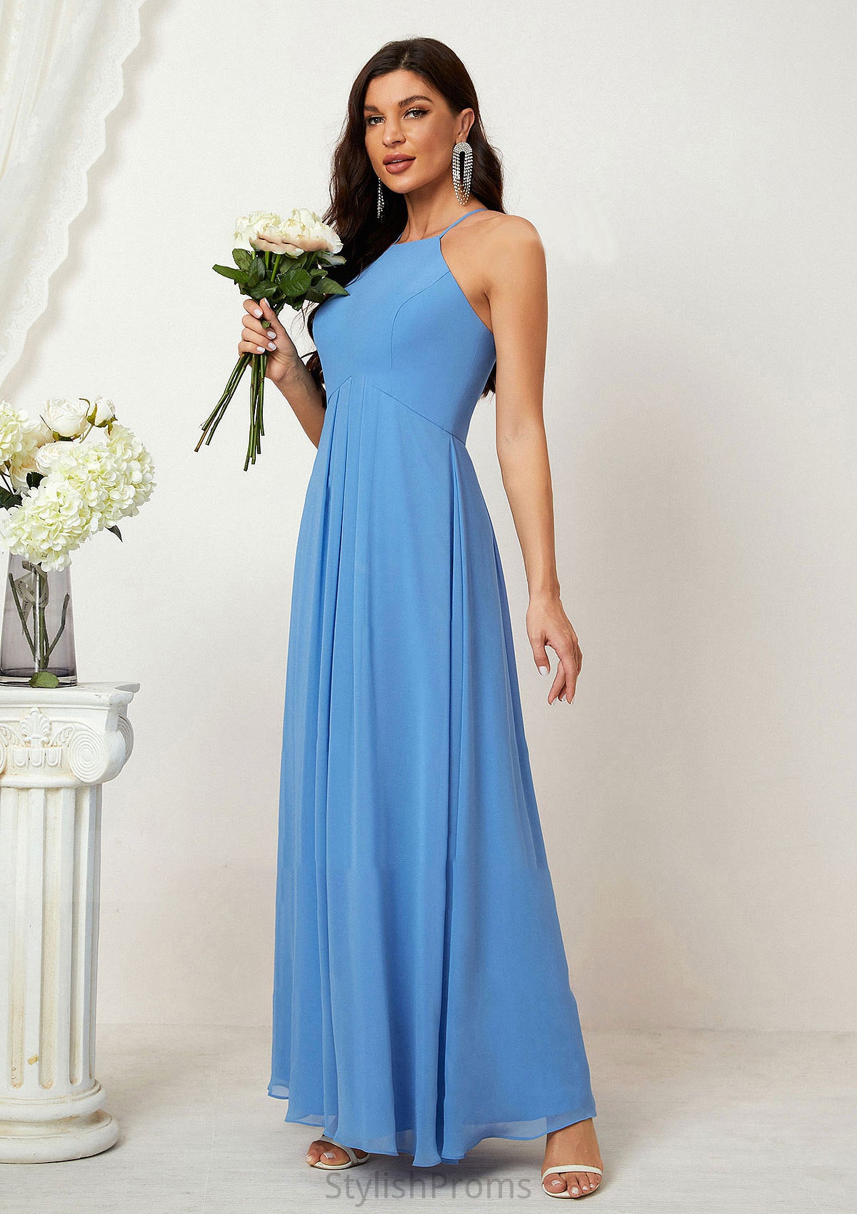 A-line Empire Halter Sleeveless Chiffon Long/Floor-Length Bridesmaid Dresses With Ruffles Ally HQP0025611