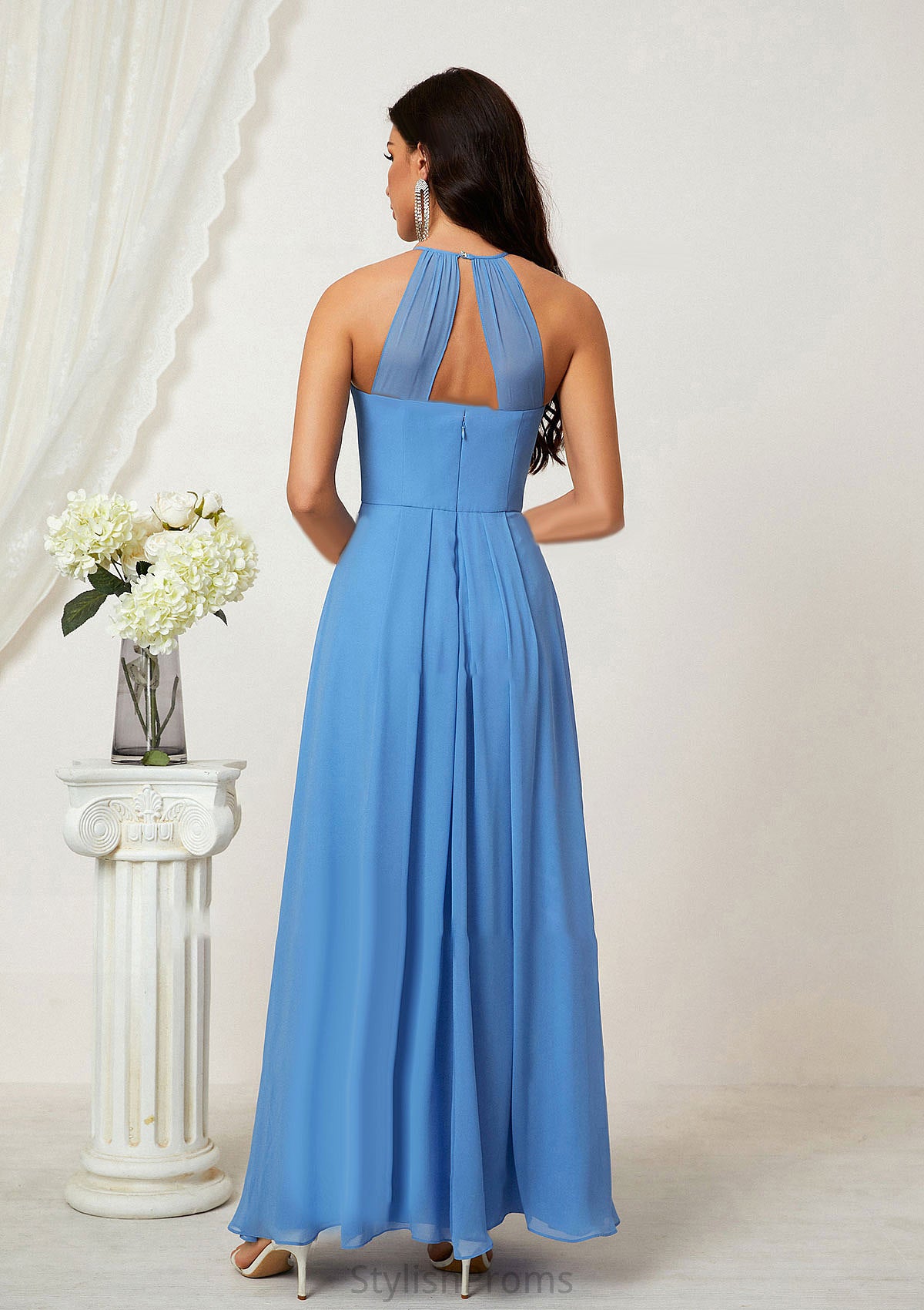 A-line Empire Halter Sleeveless Chiffon Long/Floor-Length Bridesmaid Dresses With Ruffles Ally HQP0025611