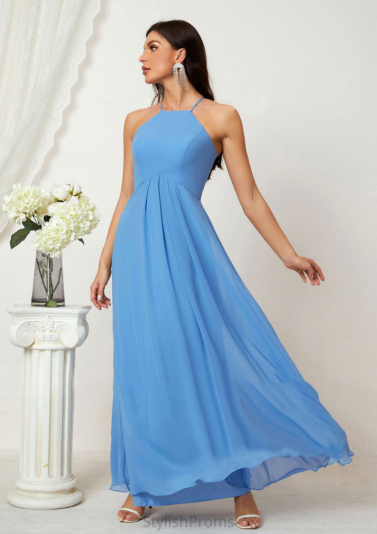 A-line Empire Halter Sleeveless Chiffon Long/Floor-Length Bridesmaid Dresses With Ruffles Ally HQP0025611