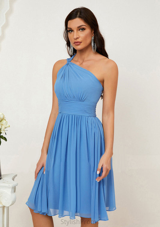 A-line One-Shoulder Sleeveless Chiffon Knee-Length Bridesmaid Dresses With Pleated Estrella HQP0025612