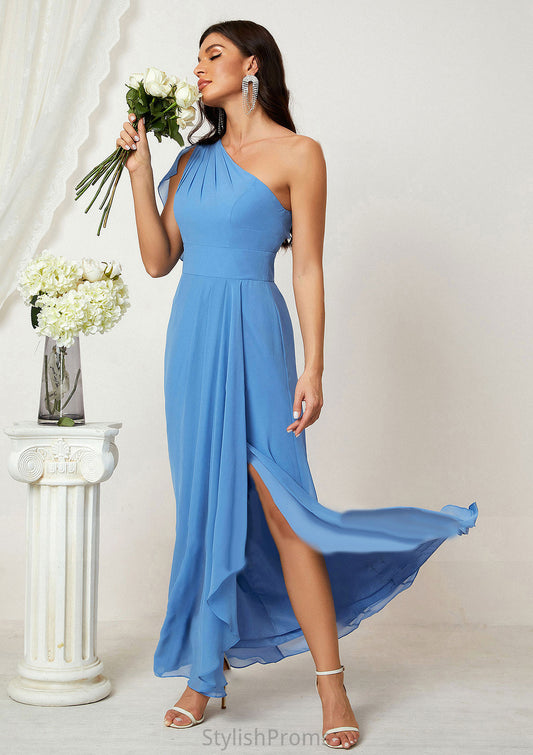 A-line One-Shoulder Sleeveless Chiffon Long/Floor-Length Bridesmaid Dresses With Pleated Split Judith HQP0025613