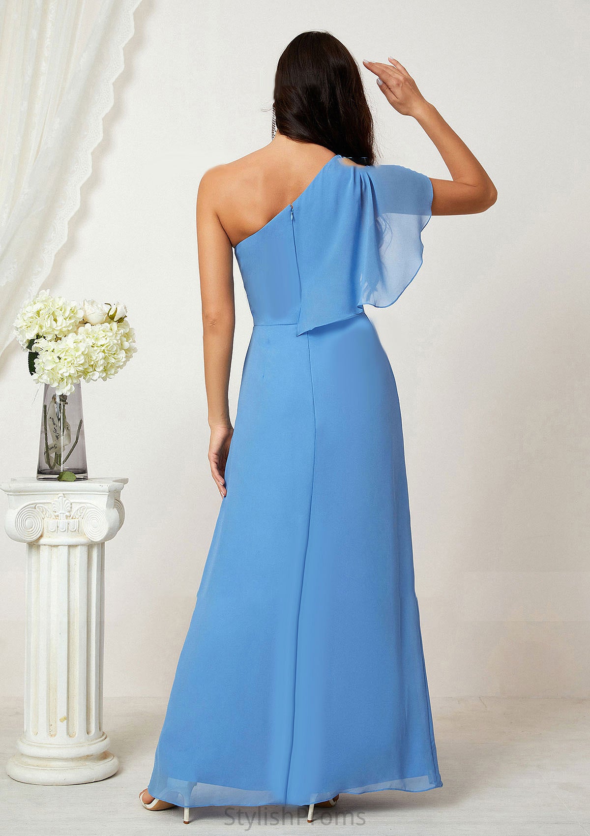 A-line One-Shoulder Sleeveless Chiffon Long/Floor-Length Bridesmaid Dresses With Pleated Split Judith HQP0025613