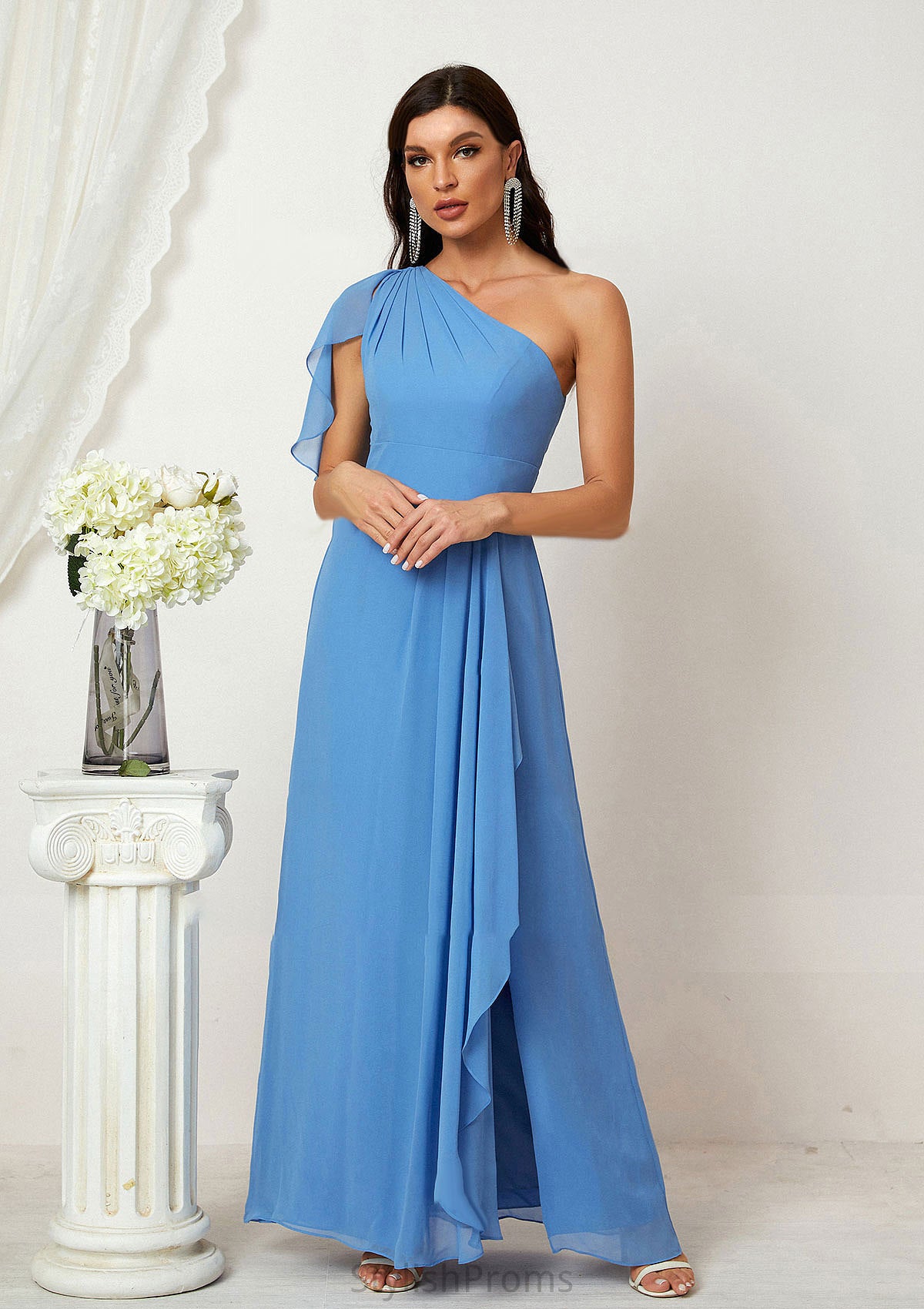 A-line One-Shoulder Sleeveless Chiffon Long/Floor-Length Bridesmaid Dresses With Pleated Split Judith HQP0025613