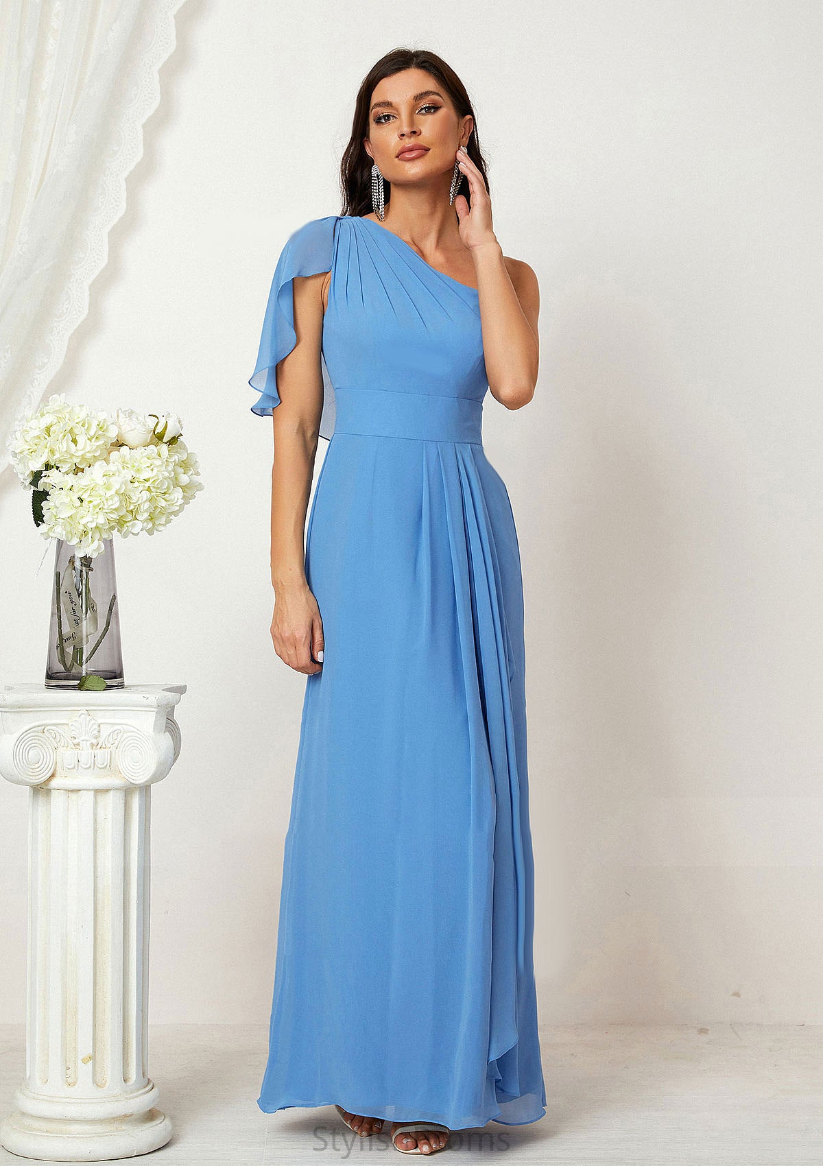 A-line One-Shoulder Sleeveless Chiffon Long/Floor-Length Bridesmaid Dresses With Pleated Split Judith HQP0025613