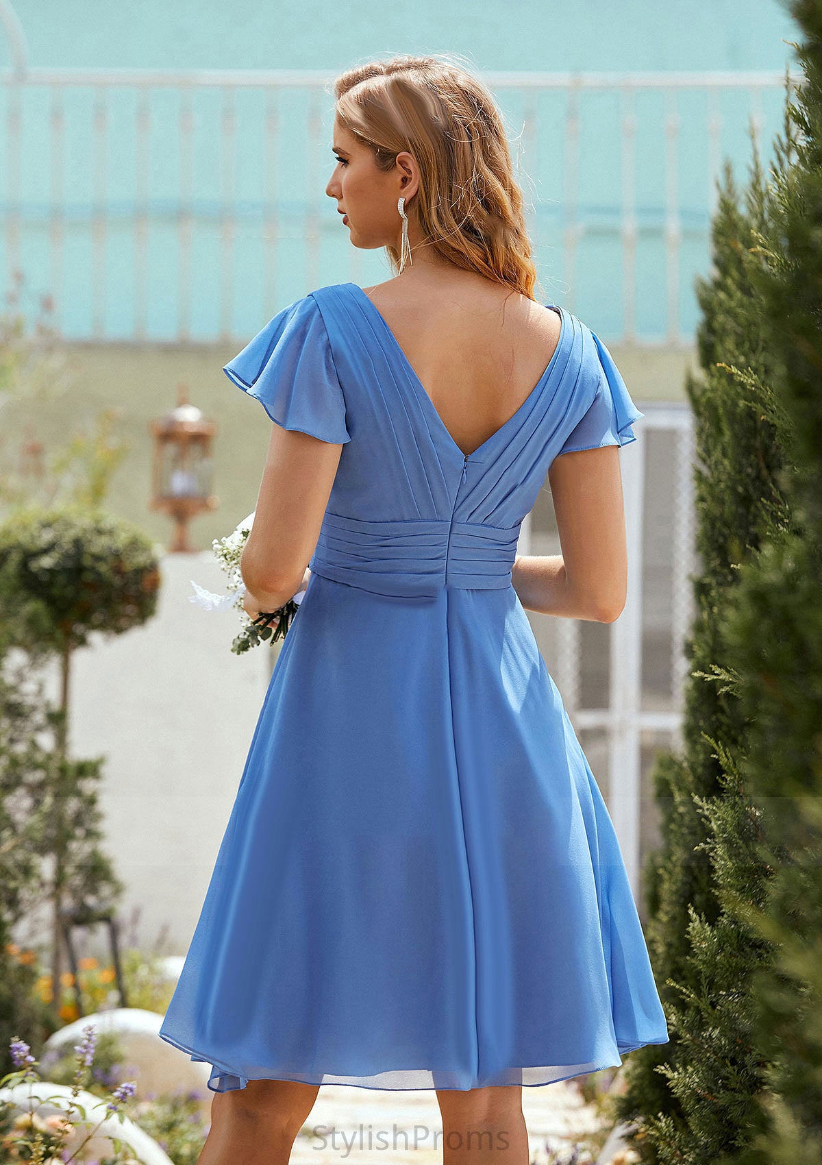 A-line V Neck Short Sleeve Chiffon Short/Mini Bridesmaid Dresses With Pleated Nell HQP0025614