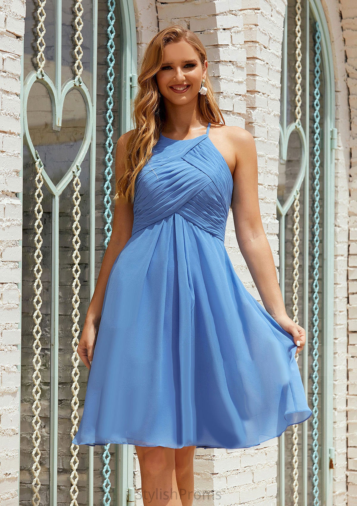 Empire A-line Halter Chiffon Short/Mini Bridesmaid Dresses With Pleated Sydney HQP0025615