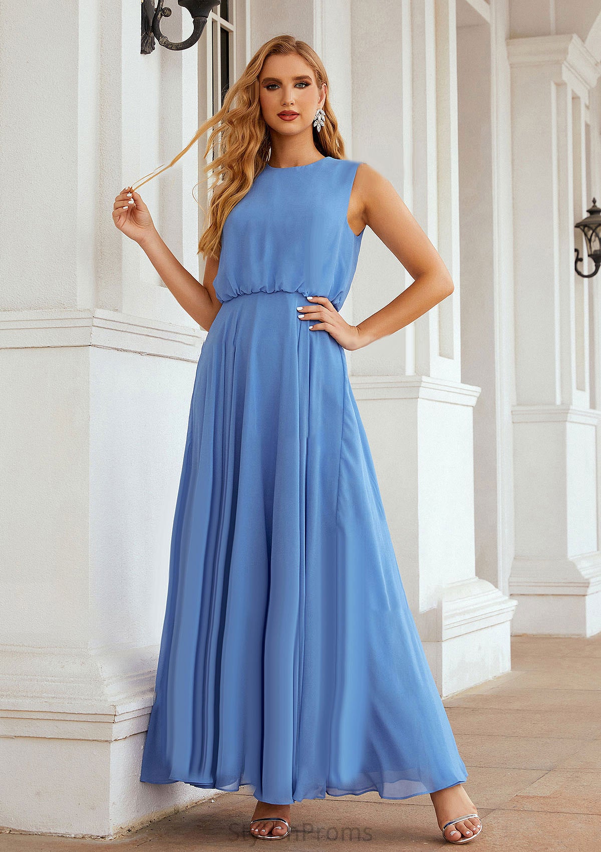 A-line Scoop Neck Sleeveless Chiffon Long/Floor-Length Bridesmaid Dresses Elisa HQP0025618