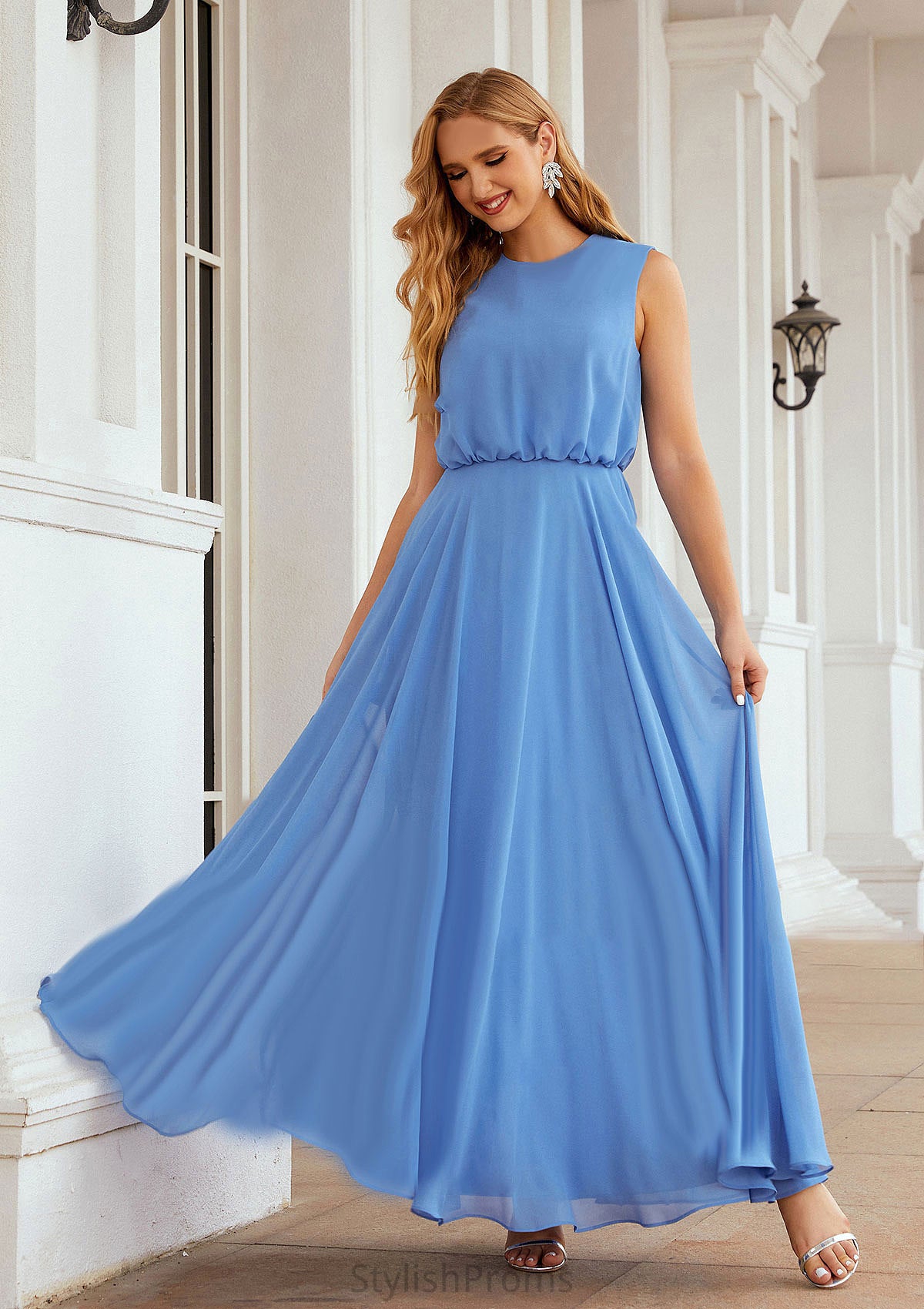 A-line Scoop Neck Sleeveless Chiffon Long/Floor-Length Bridesmaid Dresses Elisa HQP0025618