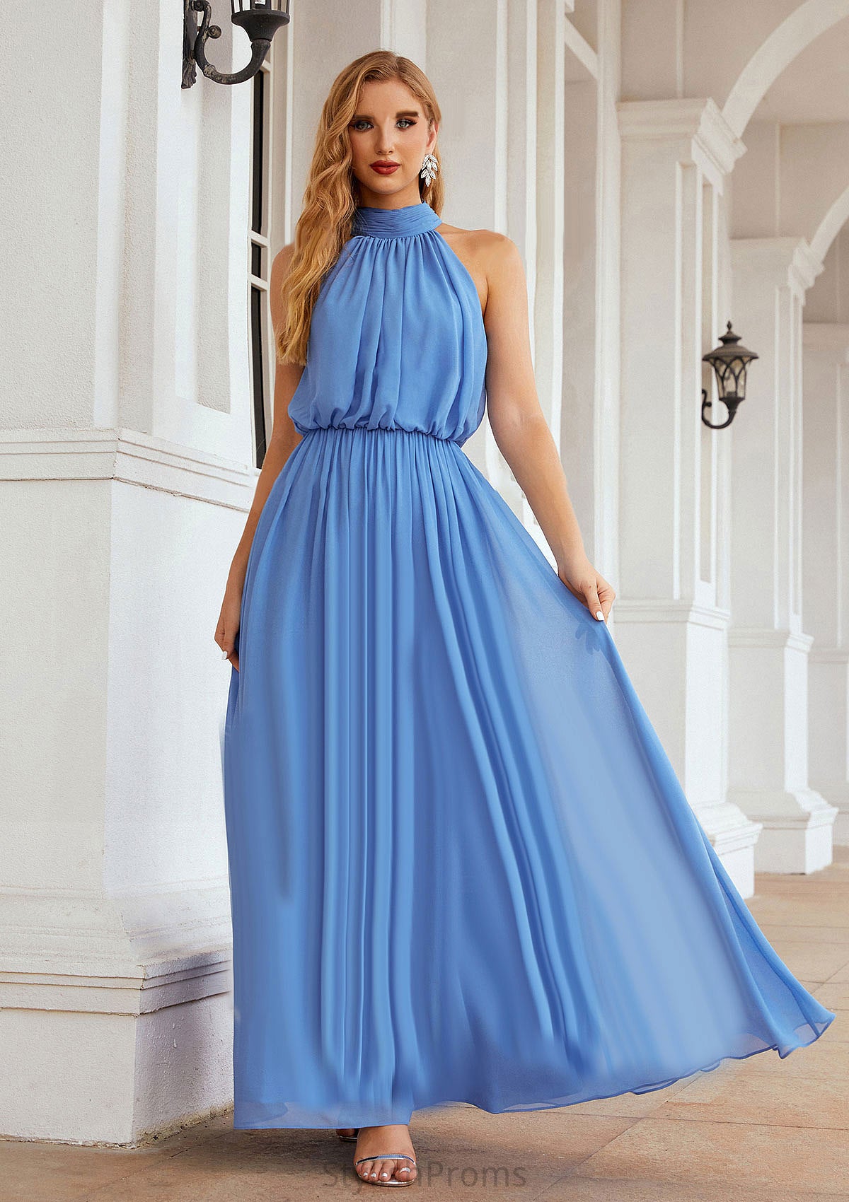 A-line Empire High-Neck Sleeveless Chiffon Long/Floor-Length Bridesmaid Dresses With Pleated Paige HQP0025619