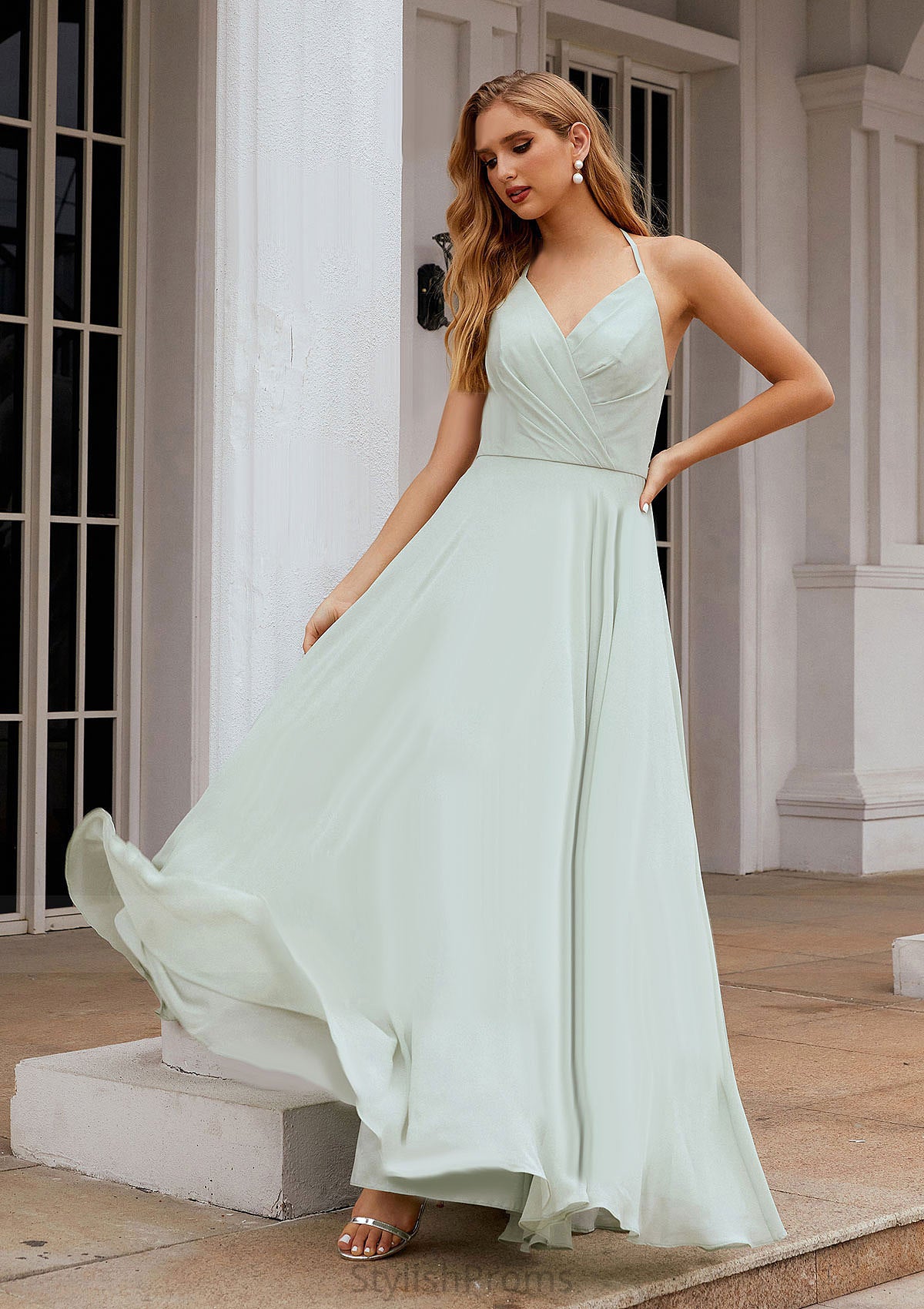 A-line Halter Sleeveless Chiffon Long/Floor-Length Bridesmaid Dresses With Pleated Ruffles Giselle HQP0025623