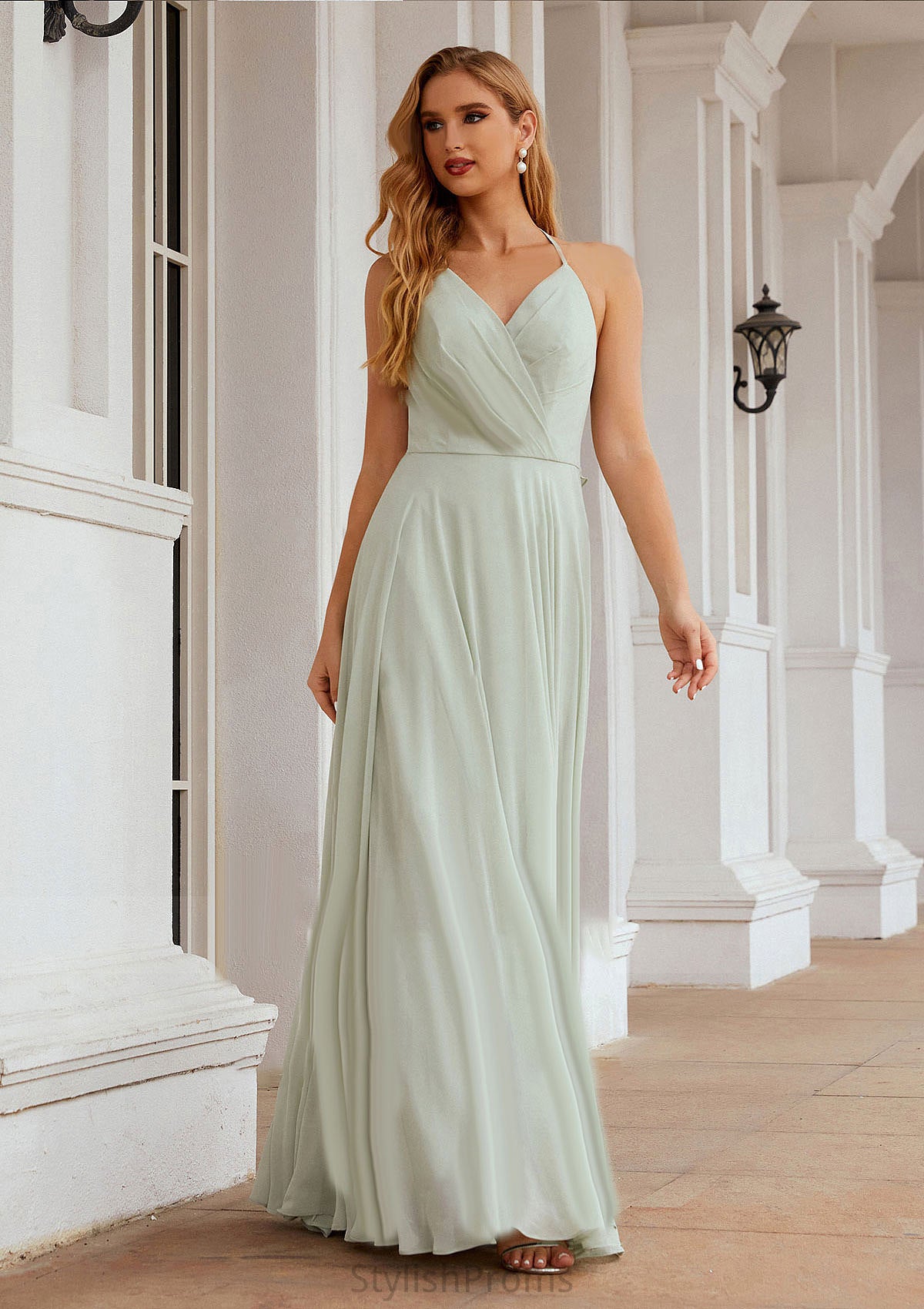 A-line Halter Sleeveless Chiffon Long/Floor-Length Bridesmaid Dresses With Pleated Ruffles Giselle HQP0025623