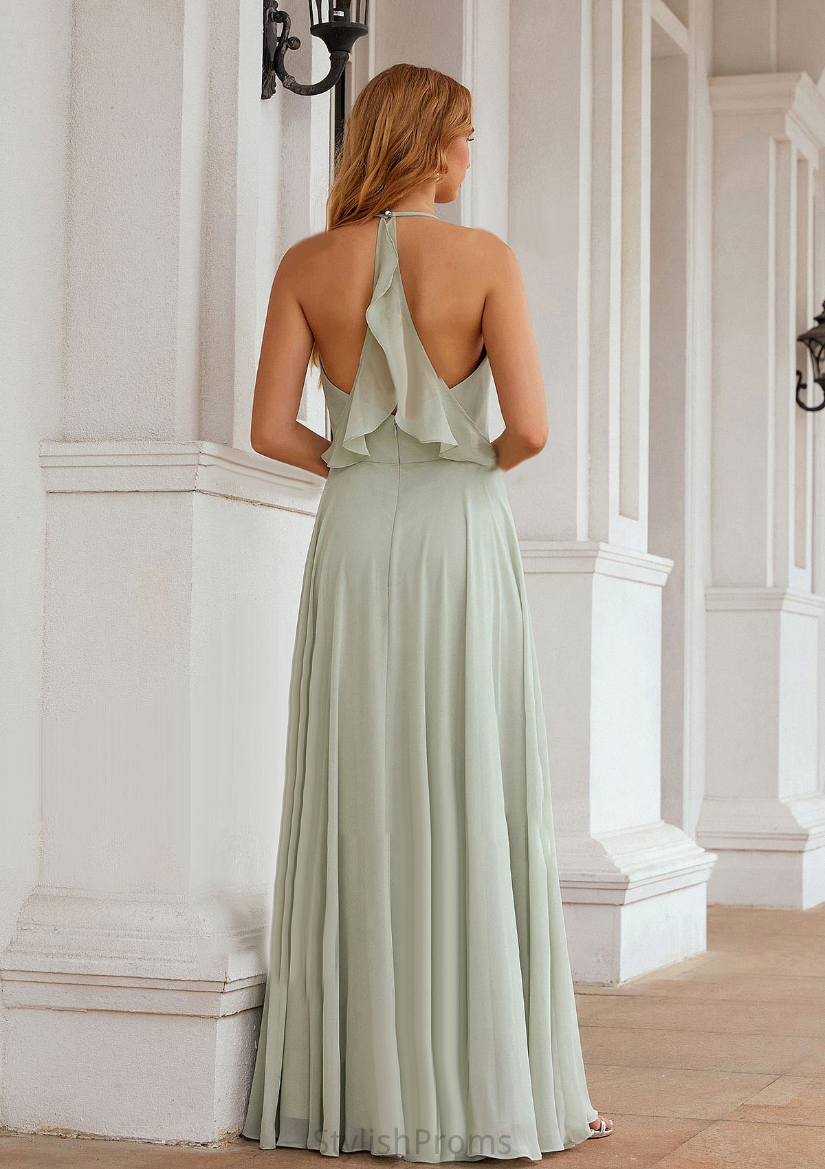 A-line Halter Sleeveless Chiffon Long/Floor-Length Bridesmaid Dresses With Pleated Ruffles Giselle HQP0025623