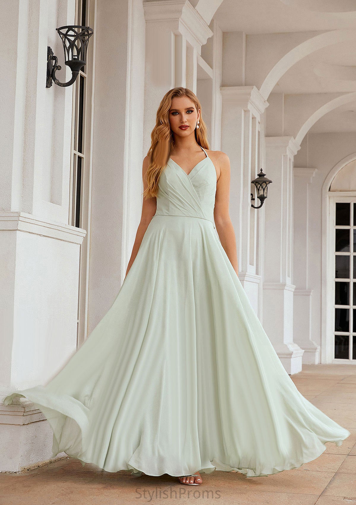 A-line Halter Sleeveless Chiffon Long/Floor-Length Bridesmaid Dresses With Pleated Ruffles Giselle HQP0025623