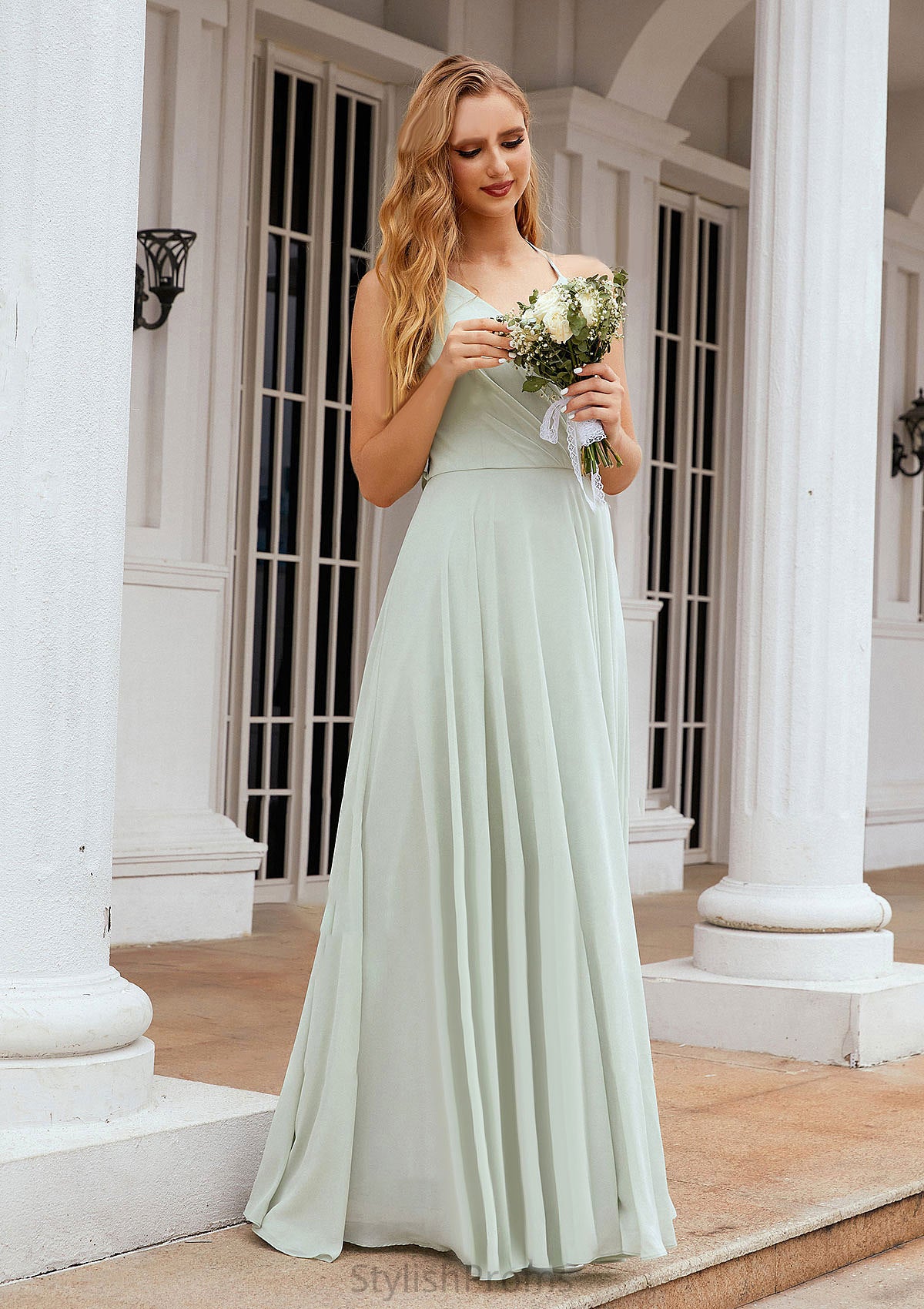 A-line Halter Sleeveless Chiffon Long/Floor-Length Bridesmaid Dresses With Pleated Ruffles Giselle HQP0025623