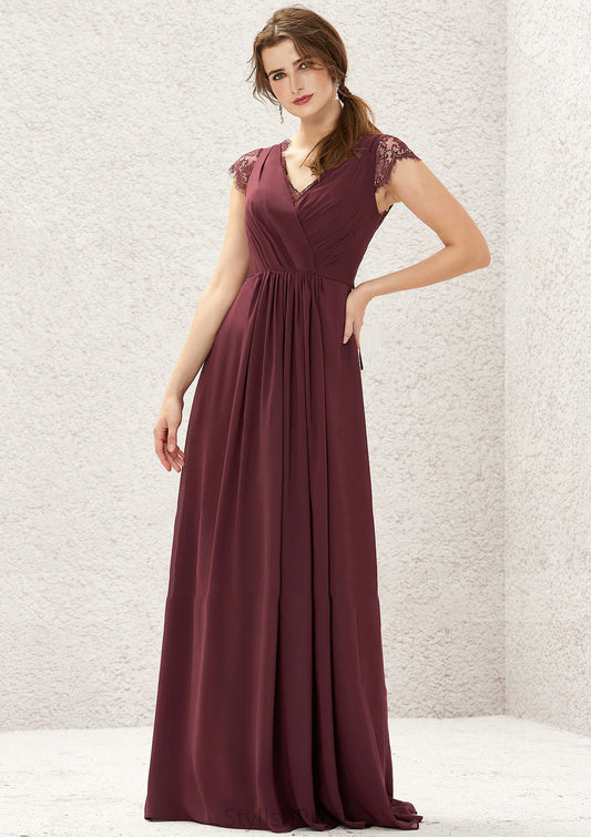 A-line V Neck Sleeveless Chiffon Long/Floor-Length Bridesmaid Dresses With Pleated Lace Katharine HQP0025627