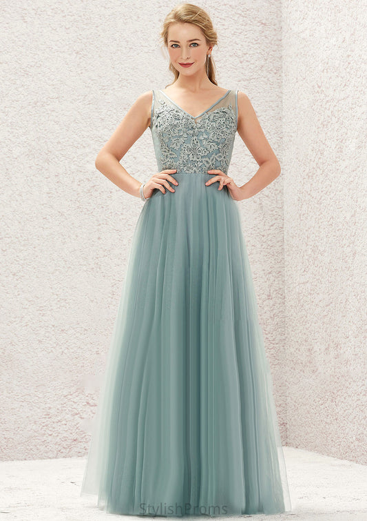 A-line V Neck Sleeveless Tulle Long/Floor-Length Bridesmaid Dresses With Lace Jolie HQP0025628