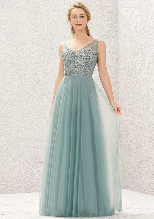 A-line V Neck Sleeveless Tulle Long/Floor-Length Bridesmaid Dresses With Lace Jolie HQP0025628