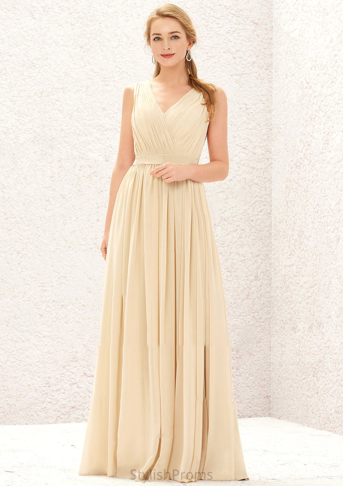 A-line V Neck Sleeveless Chiffon Long/Floor-Length Bridesmaid Dresses With Appliqued Sashes Pleated Everleigh HQP0025630