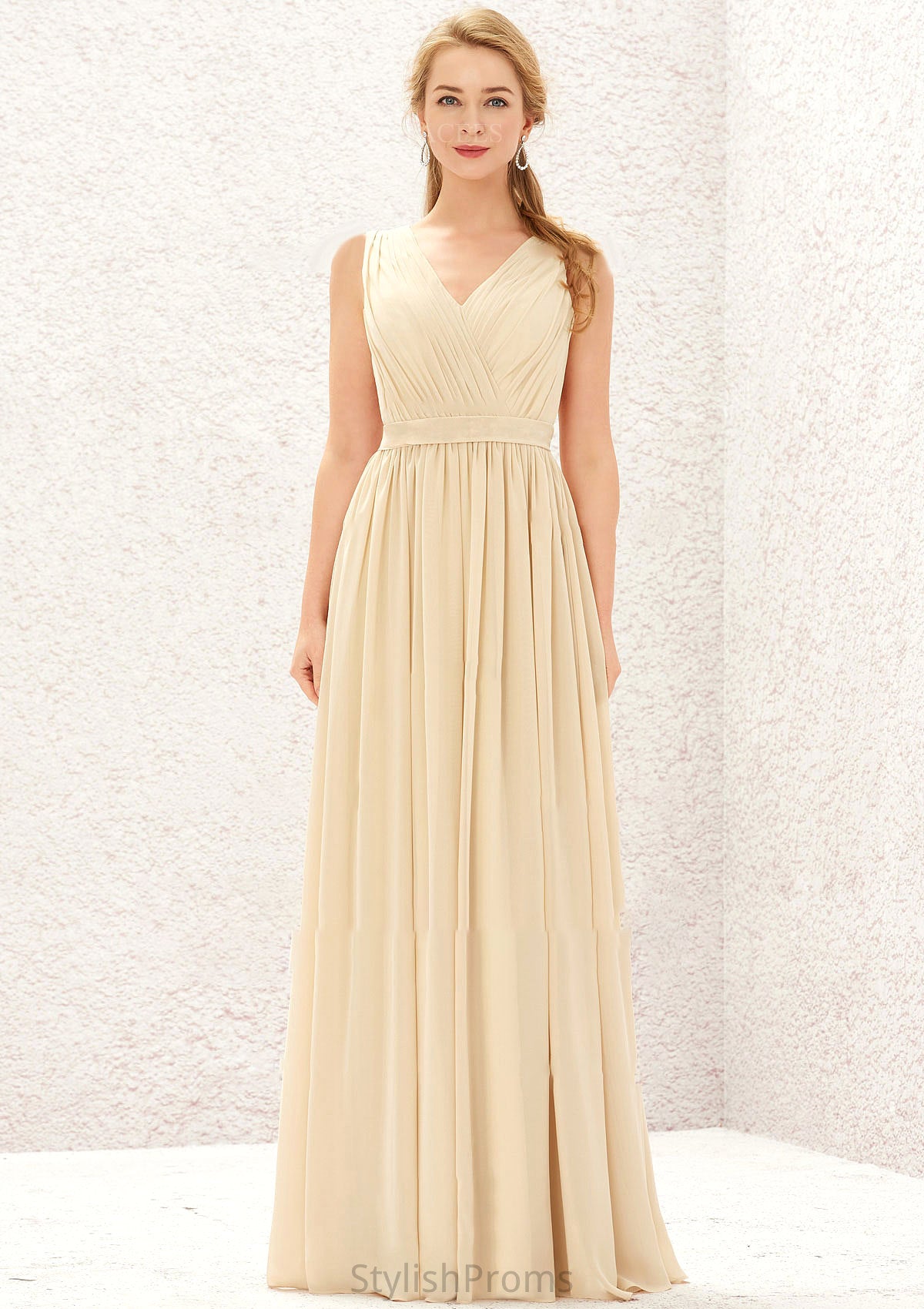 A-line V Neck Sleeveless Chiffon Long/Floor-Length Bridesmaid Dresses With Appliqued Sashes Pleated Everleigh HQP0025630