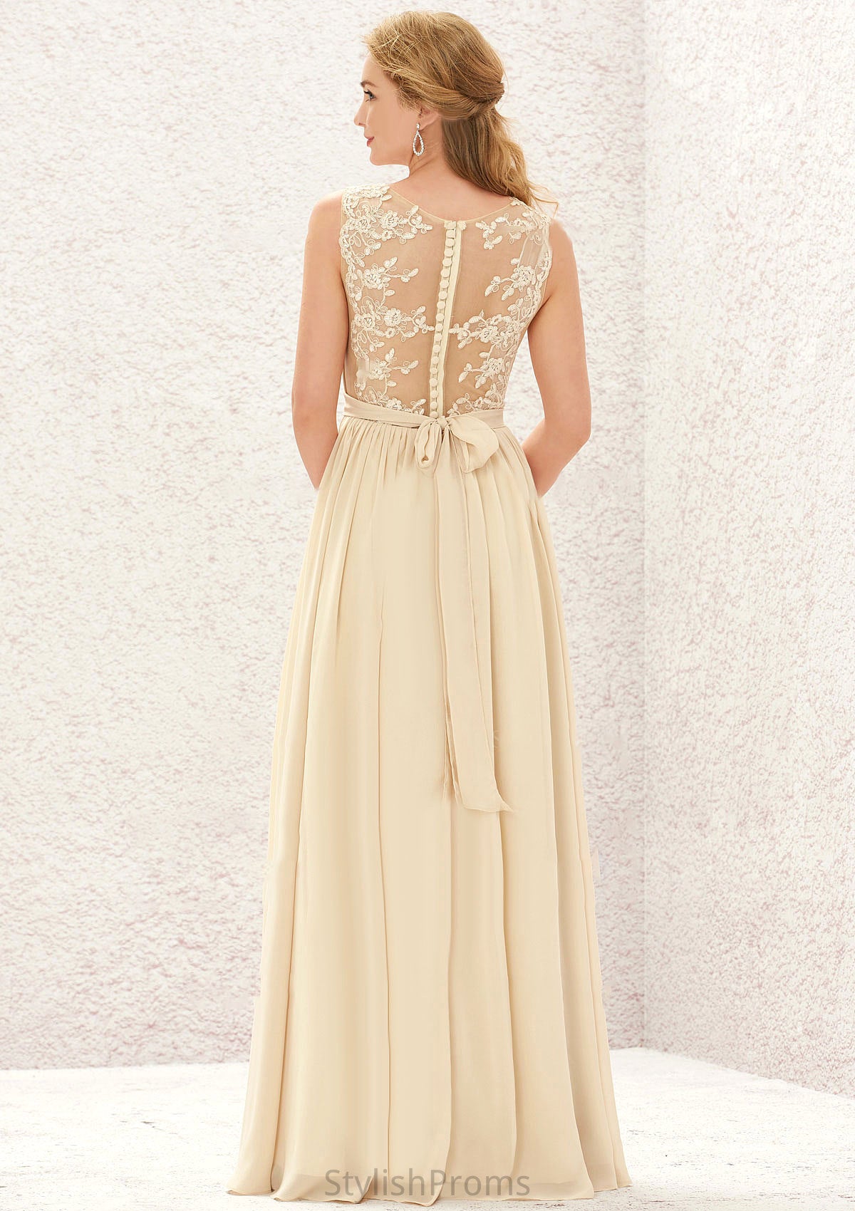 A-line V Neck Sleeveless Chiffon Long/Floor-Length Bridesmaid Dresses With Appliqued Sashes Pleated Everleigh HQP0025630