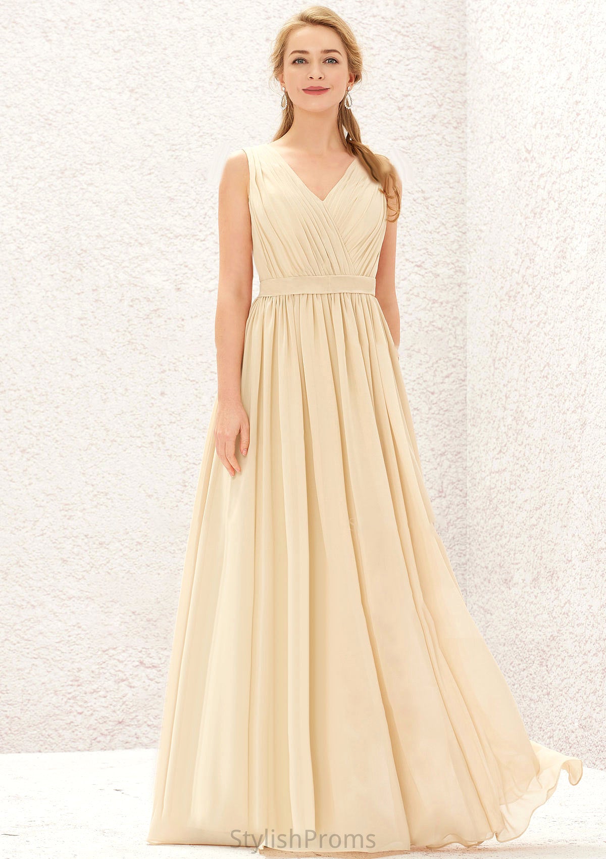 A-line V Neck Sleeveless Chiffon Long/Floor-Length Bridesmaid Dresses With Appliqued Sashes Pleated Everleigh HQP0025630