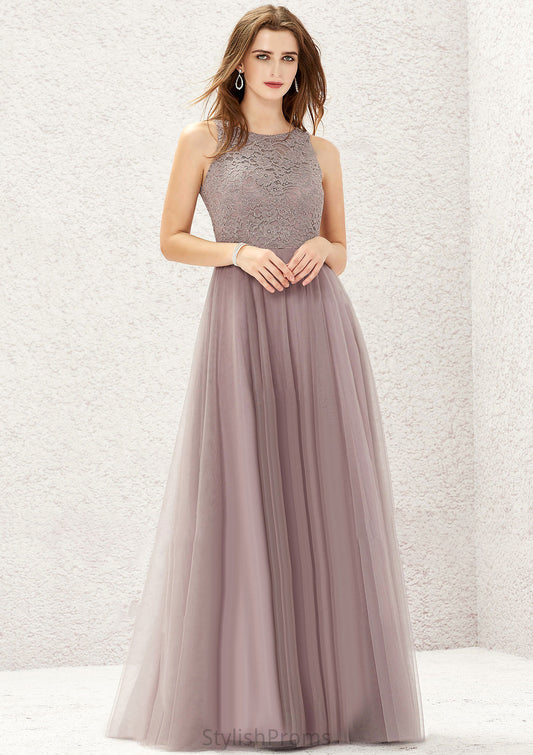 A-line Scoop Neck Sleeveless Lace Tulle Long/Floor-Length Bridesmaid Dresses Xiomara HQP0025631