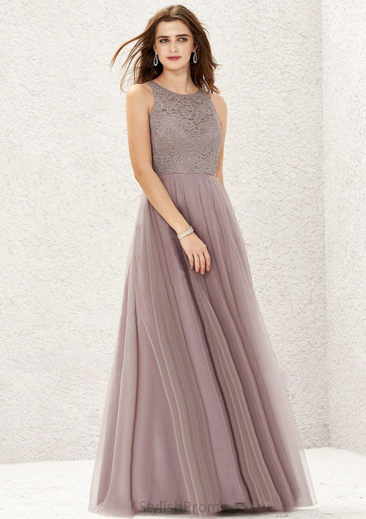 A-line Scoop Neck Sleeveless Lace Tulle Long/Floor-Length Bridesmaid Dresses Xiomara HQP0025631