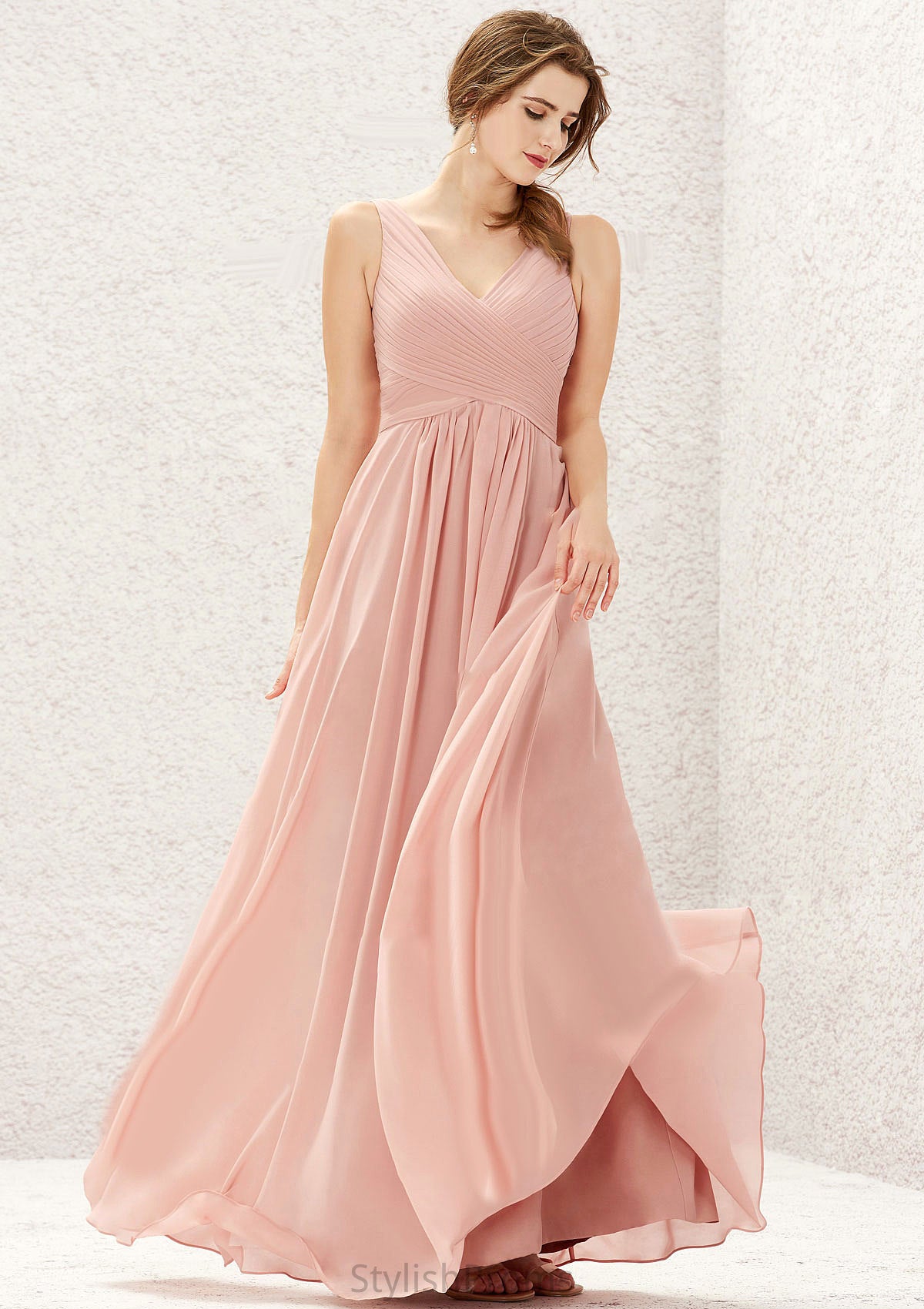 A-line V Neck Sleeveless Chiffon Long/Floor-Length Bridesmaid Dresses With Pleated Natalya HQP0025632