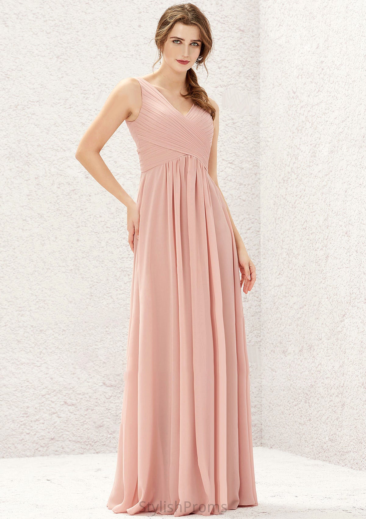 A-line V Neck Sleeveless Chiffon Long/Floor-Length Bridesmaid Dresses With Pleated Natalya HQP0025632