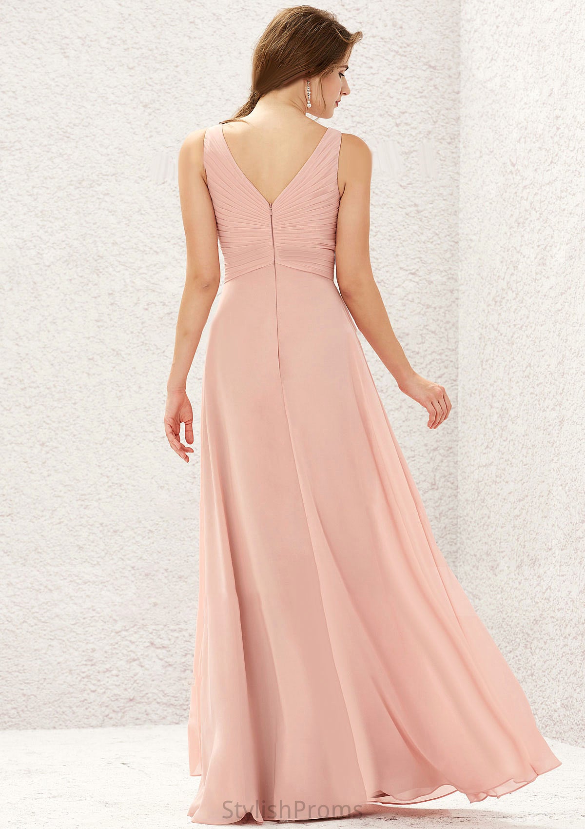 A-line V Neck Sleeveless Chiffon Long/Floor-Length Bridesmaid Dresses With Pleated Natalya HQP0025632